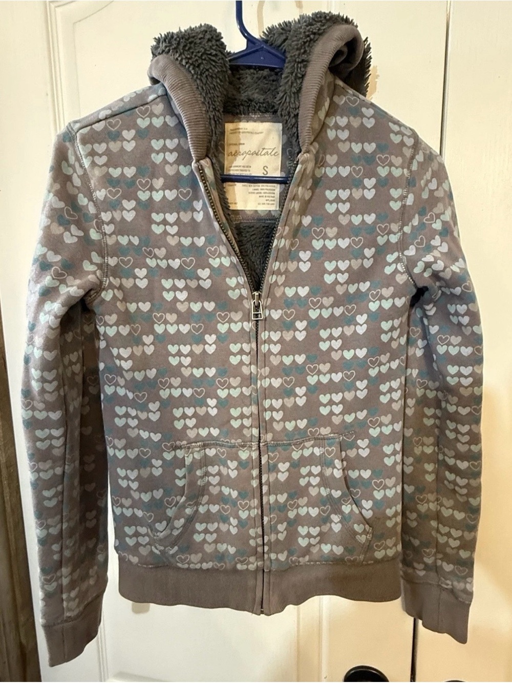 Aeropostale Gray Heart-Print Sherpa-Lined Hoodie